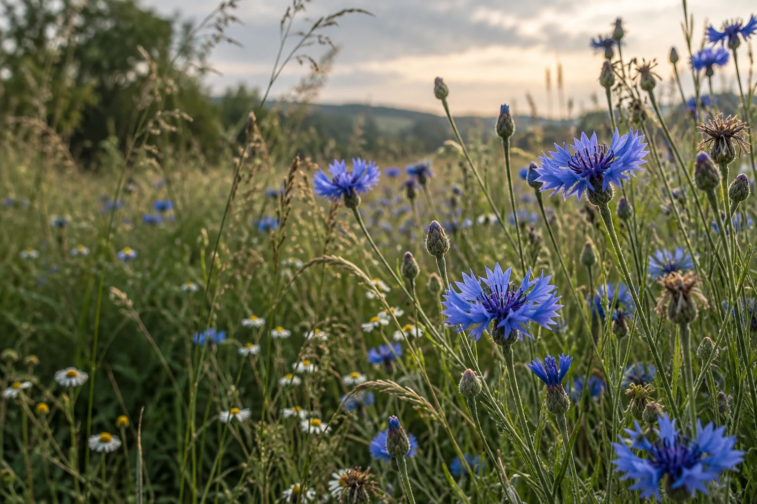 Illustration de bleuets et de fleurs sauvages dans une prairie